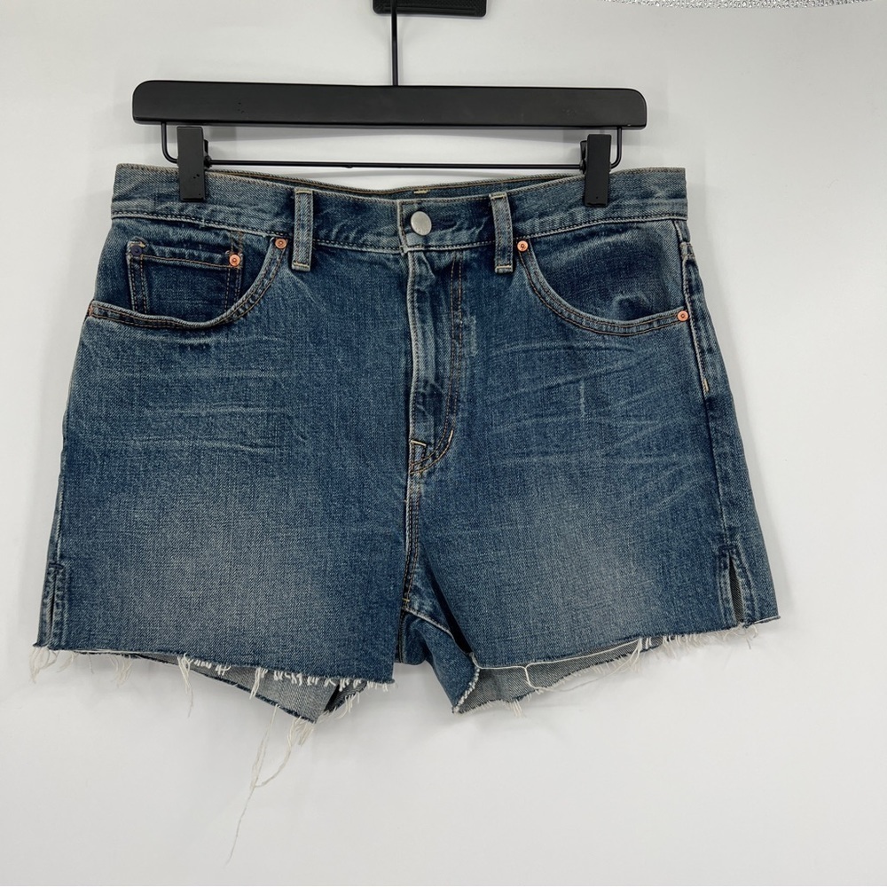 Gap 1969 Medium Blue Wash High Rise Cut-Offs Faded Frayed Raw Edge Jean Shorts
